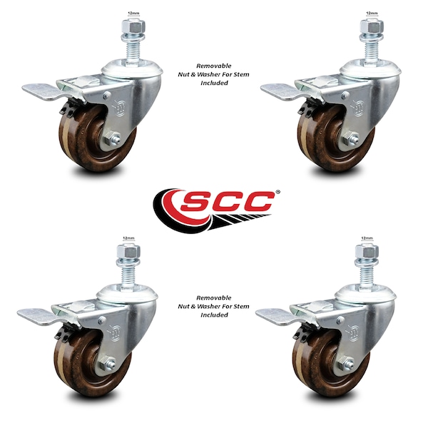 3 Inch High Temp Phenolic Swivel 10mm Stem Caster Set with Total Lock Brake